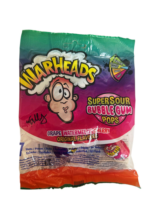 Warheads Super Sour Bubble Gum Pops Grape/Watermelon/Cherry